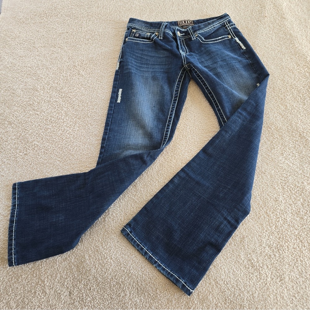 Cowgirl Up Women's Dark Wash Denim Jeans Bootcut Size 29x32 Western Thick Stitch